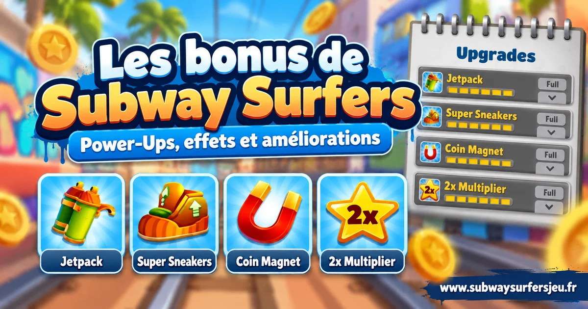Présentation des bonus de Subway Surfers : Jetpack, aimant à pièces, Super Baskets et hoverboard