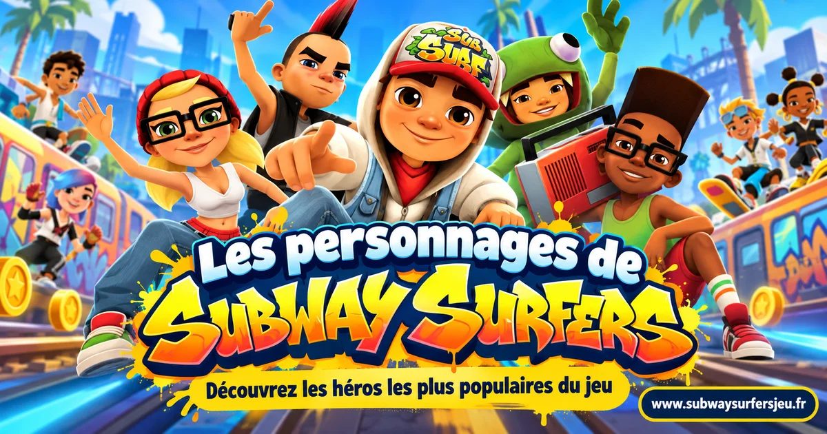 Les personnages de Subway Surfers, dont Jake, Tricky, Fresh, Yutani, Spike, Frank et Lucy